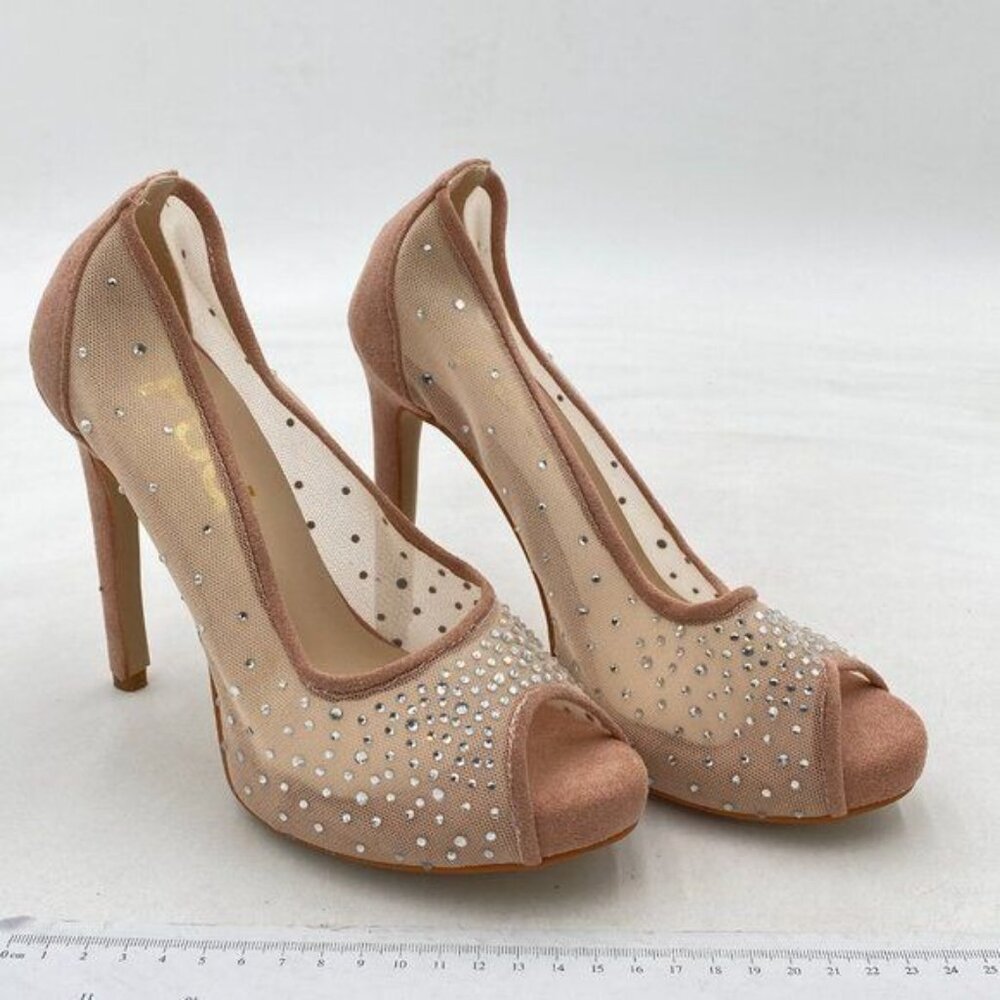 FSJ Nude Peep Toe Pumps Mesh Rhinestones Stiletto High Heels Slip On Shoes - Picture 4 of 8